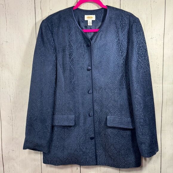 Vintage Talbots Navy Jacquard Silk Trim Blazer Classic Elegant Quiet Luxury - Picture 5 of 13